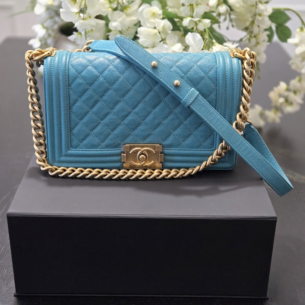 CHANEL Boy Bag Teal Quilted Caviar Leather with Gold Hardware